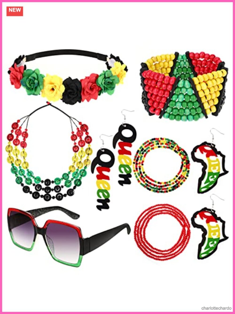8 Pc Wood African Jamaican Jewelry Set Necklace Earrings Bracelet Sunglasses